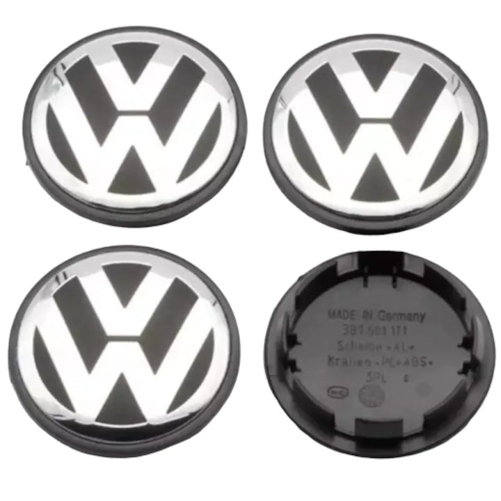 Set 4 capace roti, 65mm Volkswagen Passat Golf CC, negru, crom pentru jante din aluminiu