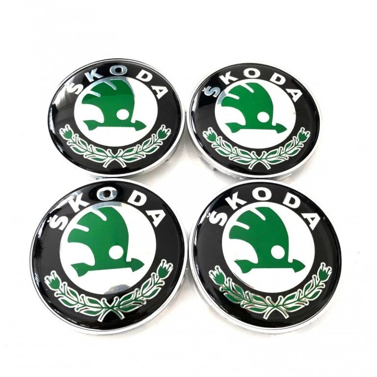 Set 4 capace roti, 60mm Skoda, negru / verde, pentru jante din aluminiu