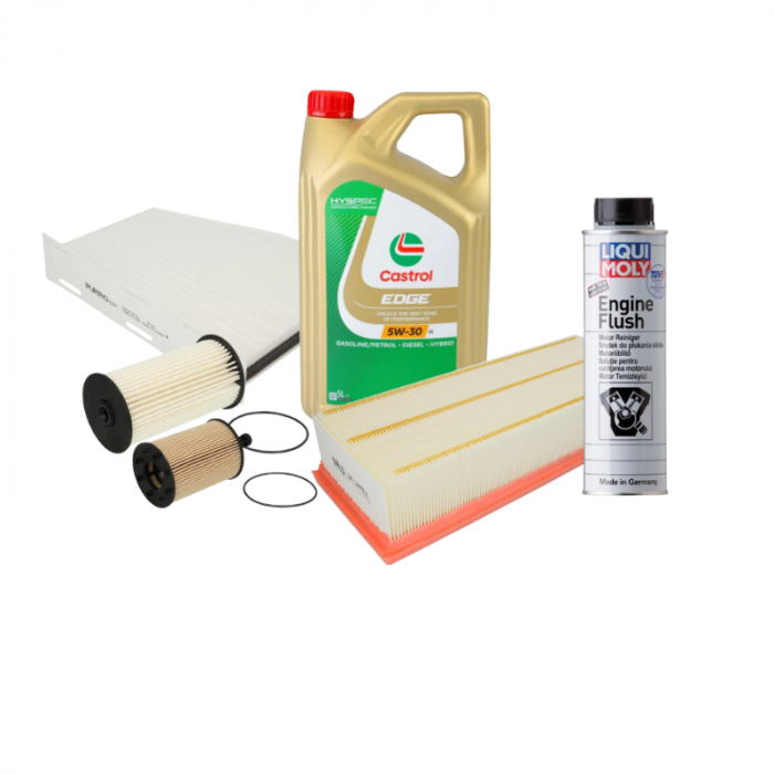 Pachet revizie CASTROL 5W-30 + filtre Purro + Engine Flush pentru VAG 1.9/2.0 TDI