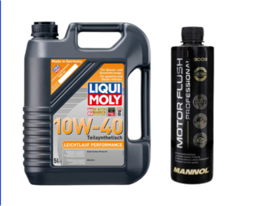 Pachet Ulei de motor Liqui Moly Leichtlauf Performance 10W-40 , 5L + solutie curatare motor Mannol Motor Flush 450ml