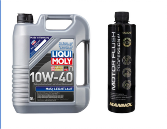 Pachet Ulei de motor Liqui Moly Leichtlauf cu MOS2 10W-40, 5L + solutie curatare motor Mannol Motor Flush 450ml