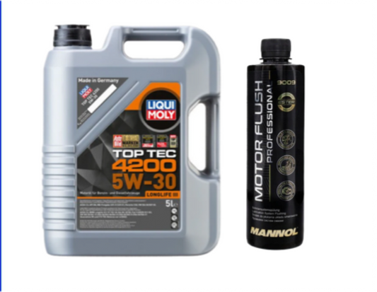 Pachet Ulei de motor Liqui Moly Top Tec 4200 5W-30, 5L + solutie curatare motor Mannol Motor Flush 450ml