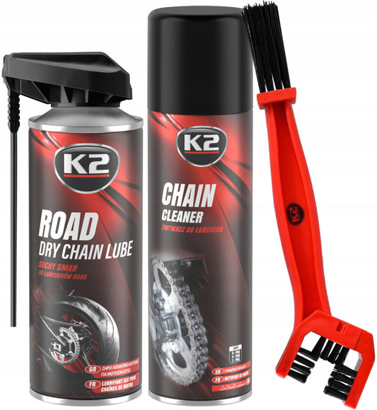 Set K2 Spray Curatat Lant Chain Cleaner 500ML W148 + K2 Spray Lubrifiant Lant Road Dry Chain Lube 400ML W143 + K2 Perie Curatat Lant W612