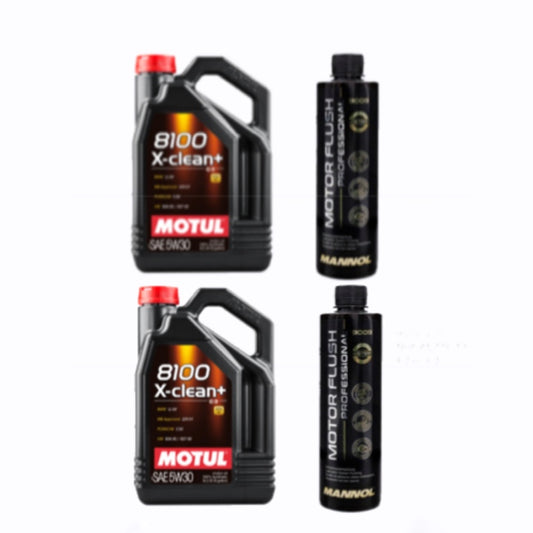 Pachet 2x Ulei motor Motul 8100 X-clean plus, 5W30, 5L + 2x solutie curatare motor Mannol Motor Flush 450ml