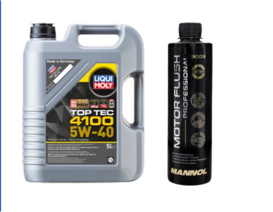 Pachet Ulei de motor Liqui Moly Top Tec 4100 5W-40, 5L + solutie curatare motor Mannol Motor Flush 450ml